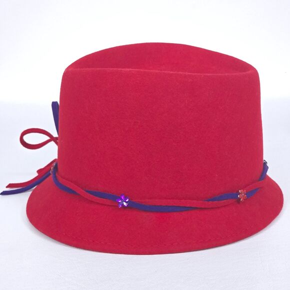 Something Special Cloche Fedora Wool Hat Red Purple Bow Beaded Flower Grannycore - Picture 4 of 9